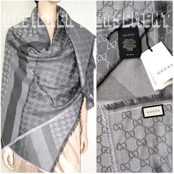 GUCCI 2-tone Steel Gray GGWEB giant 55"-sqr wool/silk pashmina shawl scarf NWT - Picture 2 of 7